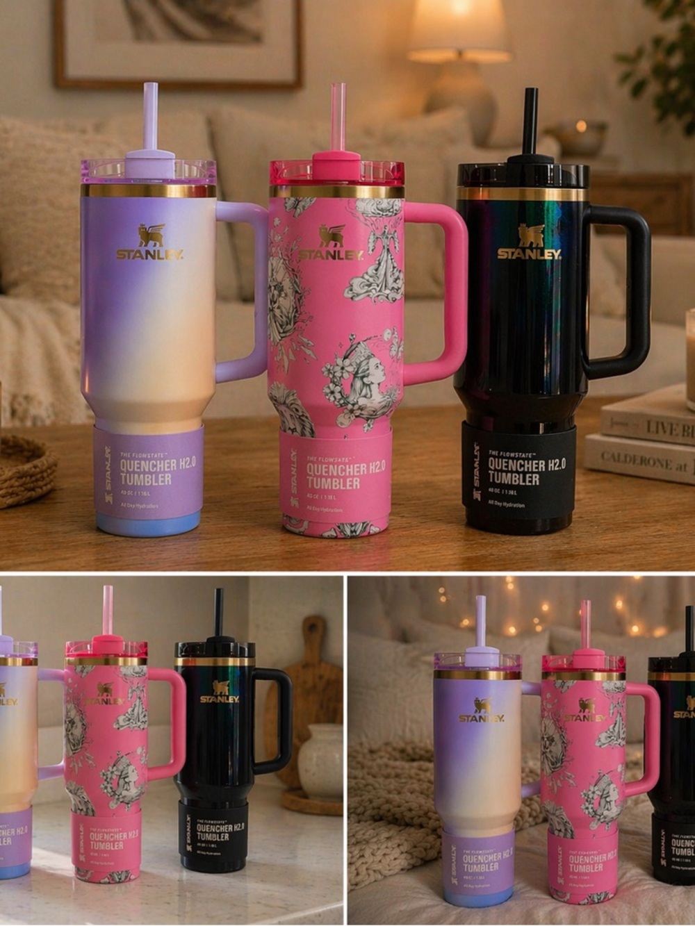 Stanley Iridescent Green Travel Tumbler with Gold Accents and Handle 3 sets comp